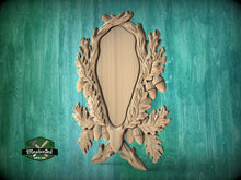 Load image into Gallery viewer, Wooden Medallion Onlay, Rustic Oak and Acorn Design, Wood Onlay with Acorn Motif, 1 pc, Unpainted, Home Wall Embellishments, wooden trims