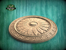 Load image into Gallery viewer, Sunburst Elegance: Greek Key Round Wooden Rosette, 1 pc, Unpainted, Decorative Rosettes, Home Wall Embellishments, round wooden trims