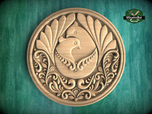 Load image into Gallery viewer, Majestic Peafowl: Regal Round Carved Wooden Rosette, 1 pc, Unpainted, Decorative Rosettes, Home Wall Embellishments, Round Wooden Onlays