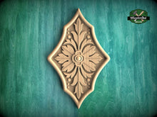 Load image into Gallery viewer, Elegant Floriate Crest: Vertical Wooden Carving, 1pc, Unpainted, Carved Onlay, Wooden Rosette, Applique furniture decor