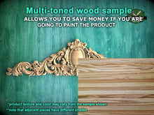 Load image into Gallery viewer, Carved Regal Crest Wooden Applique, Baroque Scrollwork Elegance, 1pc, Home Wall Embellishments, Furniture Carving, Horizontal Wood Onlay