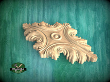 Load image into Gallery viewer, Elegant Baroque-Inspired Carved Wood Rosette Onlay, 1pc, Unpainted, Carved Onlay, Wooden Rosette, Applique furniture decor, Horizontal Onlay