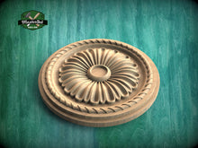 Load image into Gallery viewer, Classic Wooden Ceiling Rosette, Sunburst Carved Design, Elegant Home Feature, 1 pc, Unpainted, Decorative Rosettes