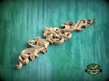 Load image into Gallery viewer, Openwork Floral Wood Applique for Interiors, Graceful Swirl Horizontal Wood Onlay, 1pc, Unpainted, Carved Wood Applique for Fireplace Mantel
