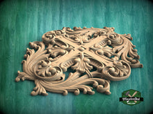 Load image into Gallery viewer, Elegant Acanthus and Cross Wood Carving, Ornamental Wood Aplique with Renaissance Inspired  Design, Unpainted, 1pc, Home Wall Embellishments