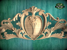 Load image into Gallery viewer, Baroque Style Carved Wood Onlay with Cartouche, Ornate Wood Crest Onlay Accent, Furniture Carving, Wood Onlay, 1pc, Unpainted
