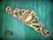 Load image into Gallery viewer, Baroque Style Carved Wood Onlay with Cartouche, Ornate Wood Crest Onlay Accent, Furniture Carving, Wood Onlay, 1pc, Unpainted