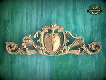 Load image into Gallery viewer, Baroque Style Carved Wood Onlay with Cartouche, Ornate Wood Crest Onlay Accent, Furniture Carving, Wood Onlay, 1pc, Unpainted