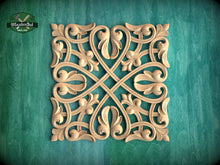 Load image into Gallery viewer, Square Lattice Wood Rosette, Classic Scrollwork Wood Panel, 1pc, Home Wall Embellishments, Furniture Carving, Wood Onlay, Unpainted