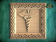 Load image into Gallery viewer, Caduceus Symbol Carved Wood Rosette, Medical Office Decor, Square Carved Decor, 1pc, Unpainted, Home Wall Embellishments, Wood Onlay