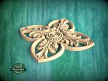 Load image into Gallery viewer, Central Rose Carved Wood Applique, Floral Wood Onlay with Rose Center, 1pc, Home Wall Embellishments, Furniture Carving, Unpainted