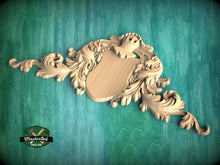 Load image into Gallery viewer, Regal Acanthus Leaf Wood Onlay, Heraldic Shield for Stately Decor, 1 pc, Unpainted, decorative wood trim