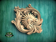 Load image into Gallery viewer, Sunburst Central Wooden Onlay with Elegant Scrollwork, 1 pc, Unpainted, Home Wall Embellishments, wooden trims