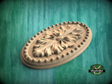 Load image into Gallery viewer, Classic Floral Carved Wooden Rosette with Beaded Edge, 1pc, Unpainted, Carved Onlay, Wooden Rosette, Applique furniture decor