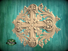 Load image into Gallery viewer, Elegant Acanthus and Cross Wood Carving, Ornamental Wood Aplique with Renaissance Inspired  Design, Unpainted, 1pc, Home Wall Embellishments