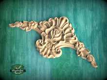 Load image into Gallery viewer, Floral Wood Applique with Rose Design -Vintage-Style Onlay, 1pc, Unpainted, Furniture Carving, Wood Onlay
