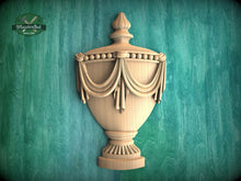 Load image into Gallery viewer, Classic Carved Urn Wood Applique - Elegant Vase Onlay, 1 pc, Unpainted, Home Wall Embellishments, Furniture Carving, Wood Onlays