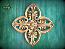 Load image into Gallery viewer, Central Rose Carved Wood Applique, Floral Wood Onlay with Rose Center, 1pc, Home Wall Embellishments, Furniture Carving, Unpainted