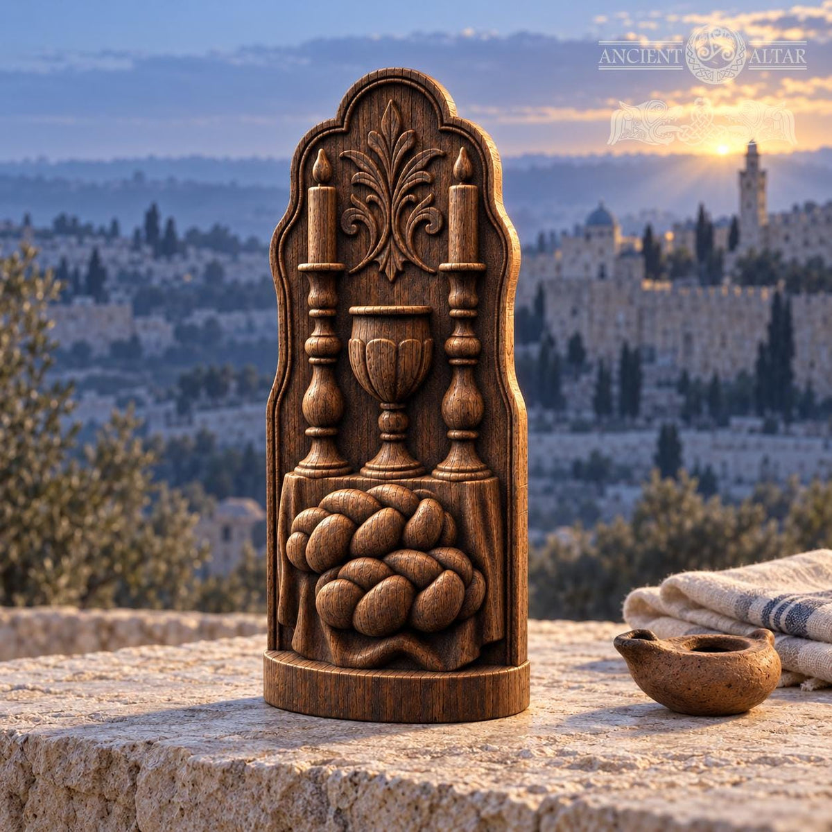 Shabbat Table Oak Wood Sculpture, Challah Kiddush Cup and Candles Relief, Judaica Home Decor, Jewish Wedding Gift