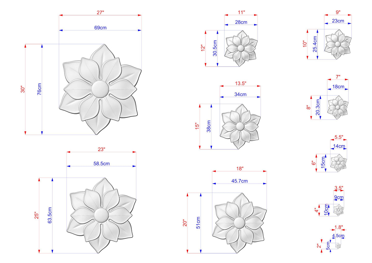 various sizes of flower-like sculptures, each with its own set of measurements. The sculptures are depicted in different sizes, ranging from small to large, and are arranged in a grid-like pattern. The image does not contain any text, and the descriptions provided are concise and avoid redundancy.