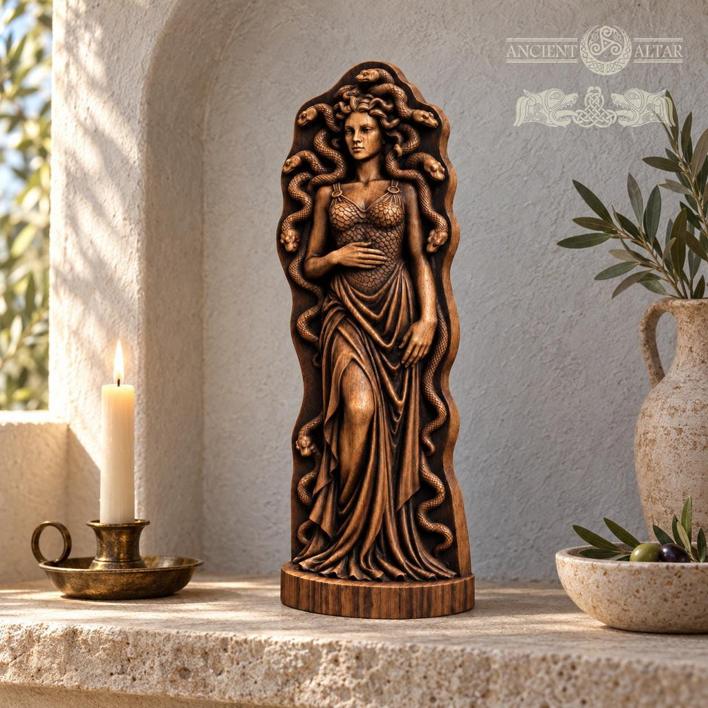 Medusa Gorgon Statue with Snakes, Wooden Greek Mythology Figurine, Serpent Woman Sculpture, Gothic Altar Decor, Fantasy Gift