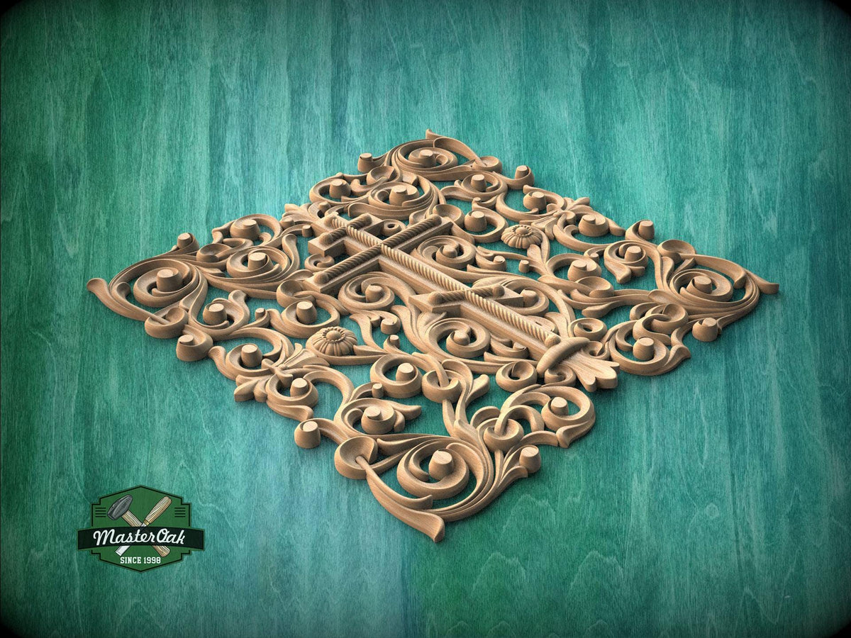 an ornate, carved wooden cross with intricate floral and scroll designs, set against a green background.