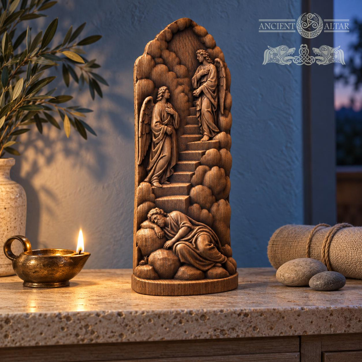 Jacob's Ladder Oak Wood Sculpture, Sleeping Jacob and Angels Relief, Biblical Dream Scene, Judaica Decor, Religious Gift