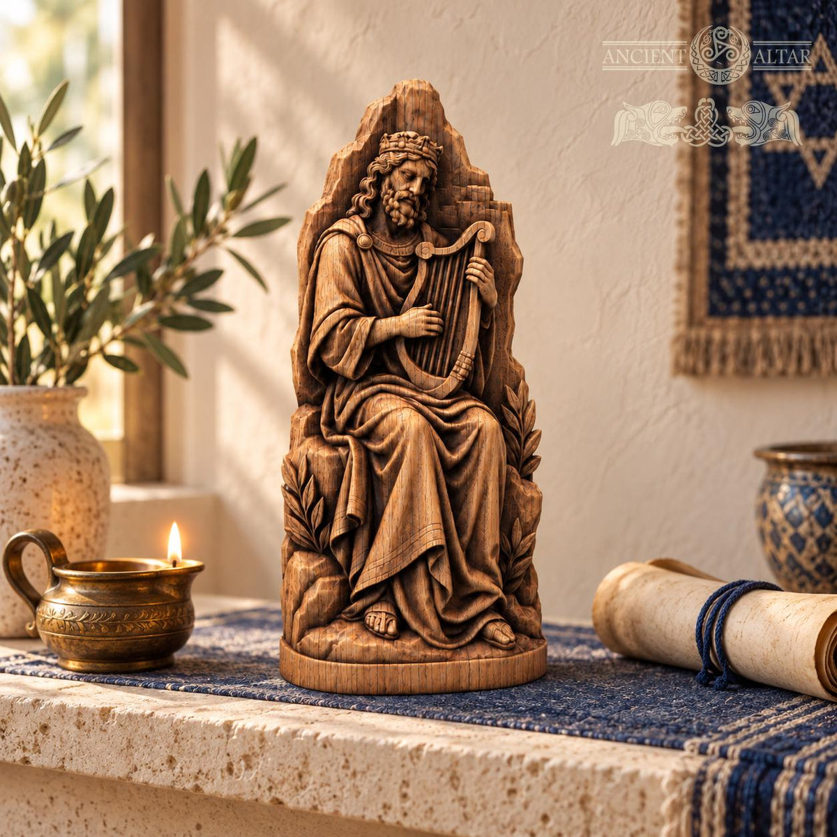 King David Playing Harp Statue, Solid Oak Biblical Sculpture, Seated Musician Figurine, Judaica Home Decor, Religious Gift