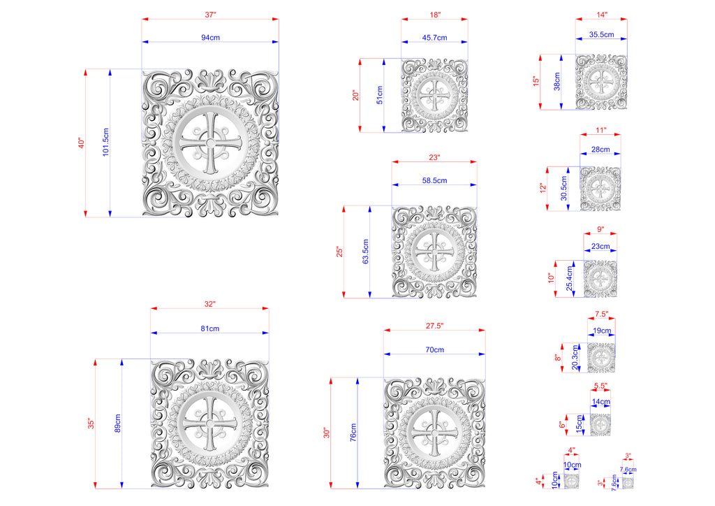 various sizes of ornate, decorative patterns or designs, likely for a product or artwork. The patterns are detailed and intricate, showcasing the craftsmanship and artistry involved in their creation.