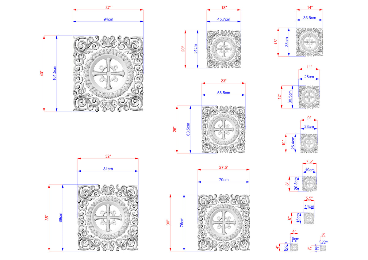 various sizes of ornate, decorative patterns or designs, likely for a product or artwork. The patterns are detailed and intricate, showcasing the craftsmanship and artistry involved in their creation.