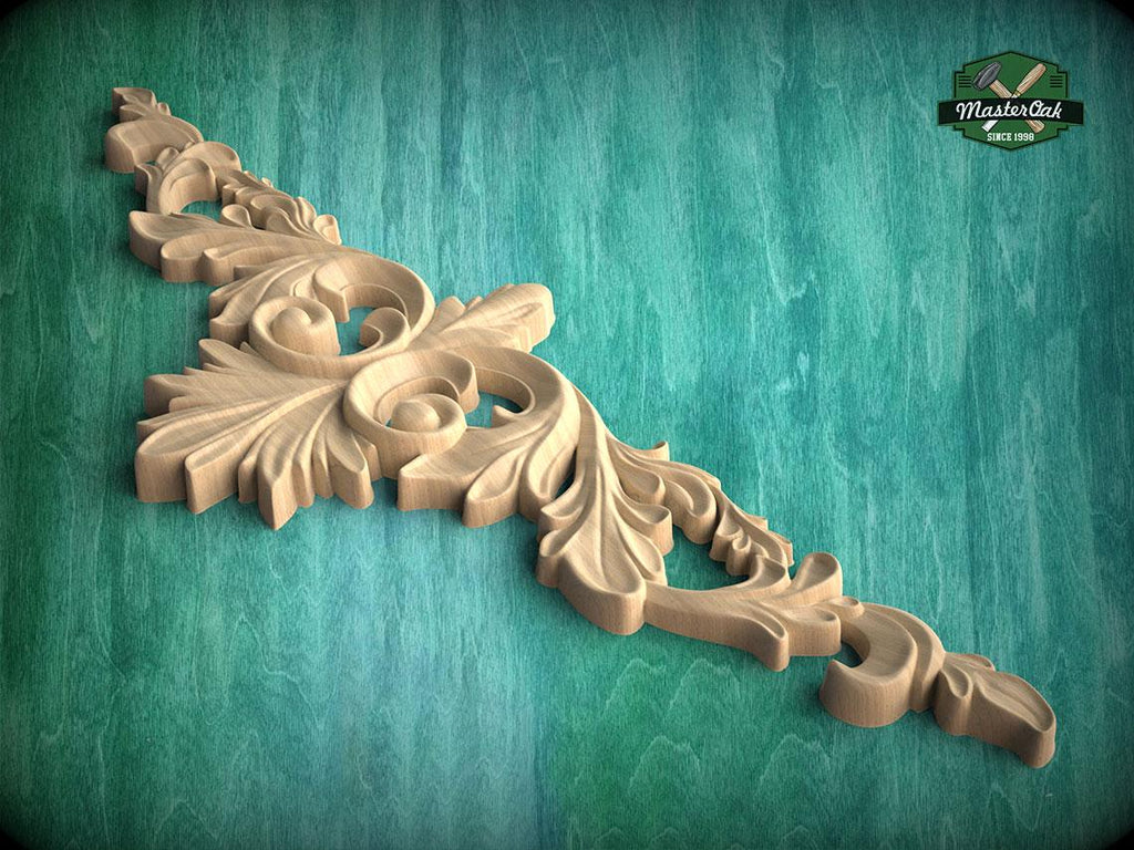 A decorative wooden carving with intricate floral patterns is displayed against a green background.
