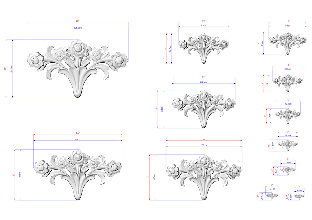 a collection of various sizes of decorative floral designs, each with its own detailed measurements and scale.