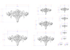 a collection of various sizes of decorative floral designs, each with its own detailed measurements and scale.