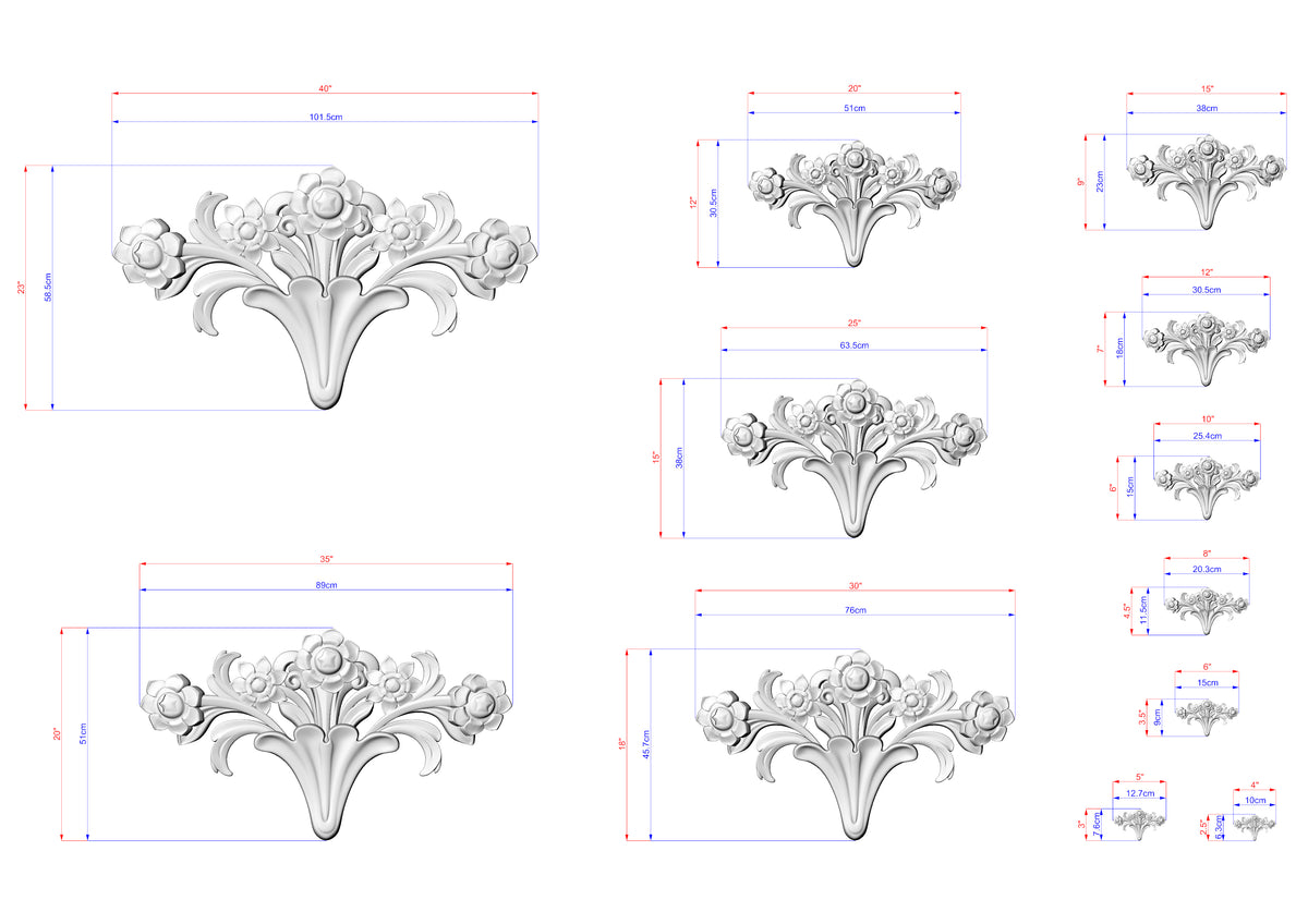 a collection of various sizes of decorative floral designs, each with its own detailed measurements and scale.