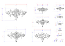Load image into Gallery viewer, a collection of various sizes of decorative floral designs, each with its own detailed measurements and scale.
