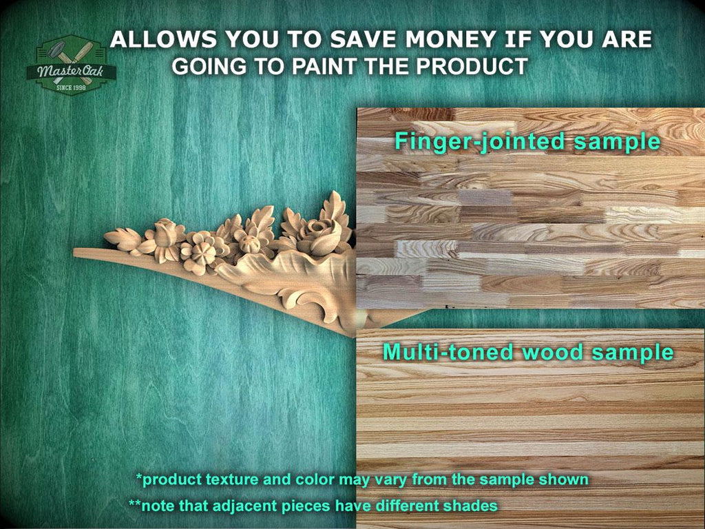 The image is a promotional image for Master Oak, a company that specializes in painting wooden products. It features a wooden sample of a finger-joined and multi-toned wood sample, along with a text overlay that provides information about the product.