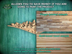 The image is a promotional image for Master Oak, a company that specializes in painting wooden products. It features a wooden sample of a finger-joined and multi-toned wood sample, along with a text overlay that provides information about the product.