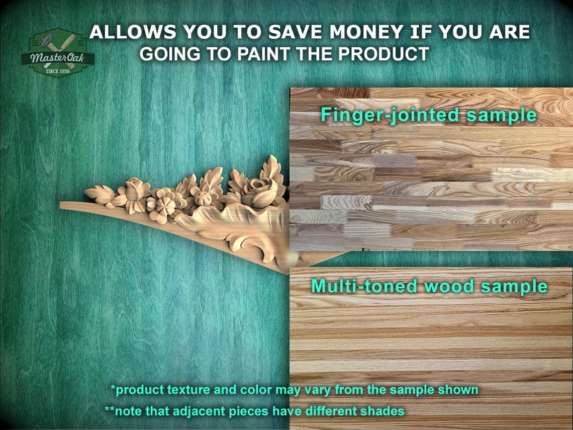 The image is a promotional image for Master Oak, a company that specializes in painting wooden products. It features a wooden sample of a finger-joined and multi-toned wood sample, along with a text overlay that provides information about the product.