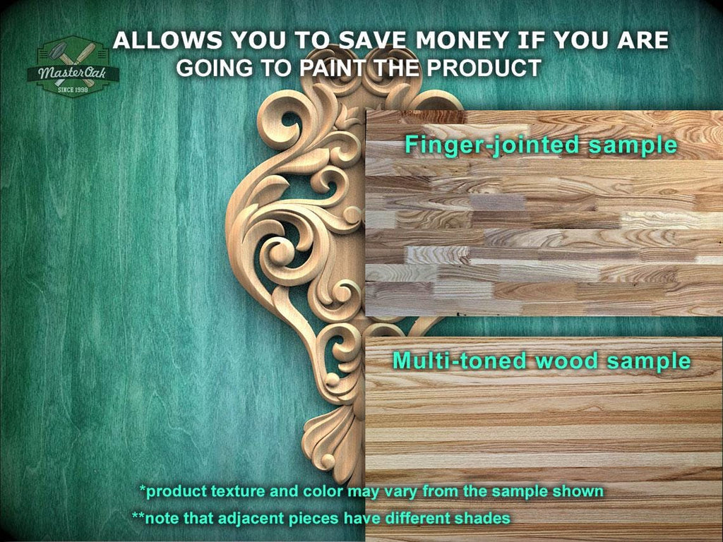 The image is a promotional advertisement for Master Oak Paint, featuring a wooden panel with a decorative scrollwork design and a finger-jointed sample of multi-toned wood. The text on the image provides information about the paint product, including the "product texture and color may vary from the sample shown" and "note that adjacent pieces have different shades".