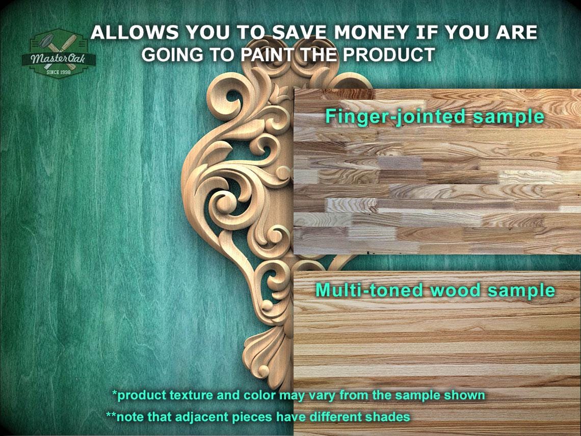 The image is a promotional advertisement for Master Oak Paint, featuring a wooden panel with a decorative scrollwork design and a finger-jointed sample of multi-toned wood. The text on the image provides information about the paint product, including the "product texture and color may vary from the sample shown" and "note that adjacent pieces have different shades".