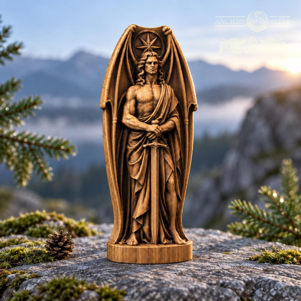 Lucifer Sword Statue with Bat Wings, Solid Oak Fallen Angel, Dark Fantasy Sculpture, Gothic Home Decor, Occult Altar Figurine