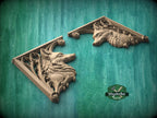 Carved Wood Fox Corner Onlays, Mirrored Pair with Gothic Scrollwork