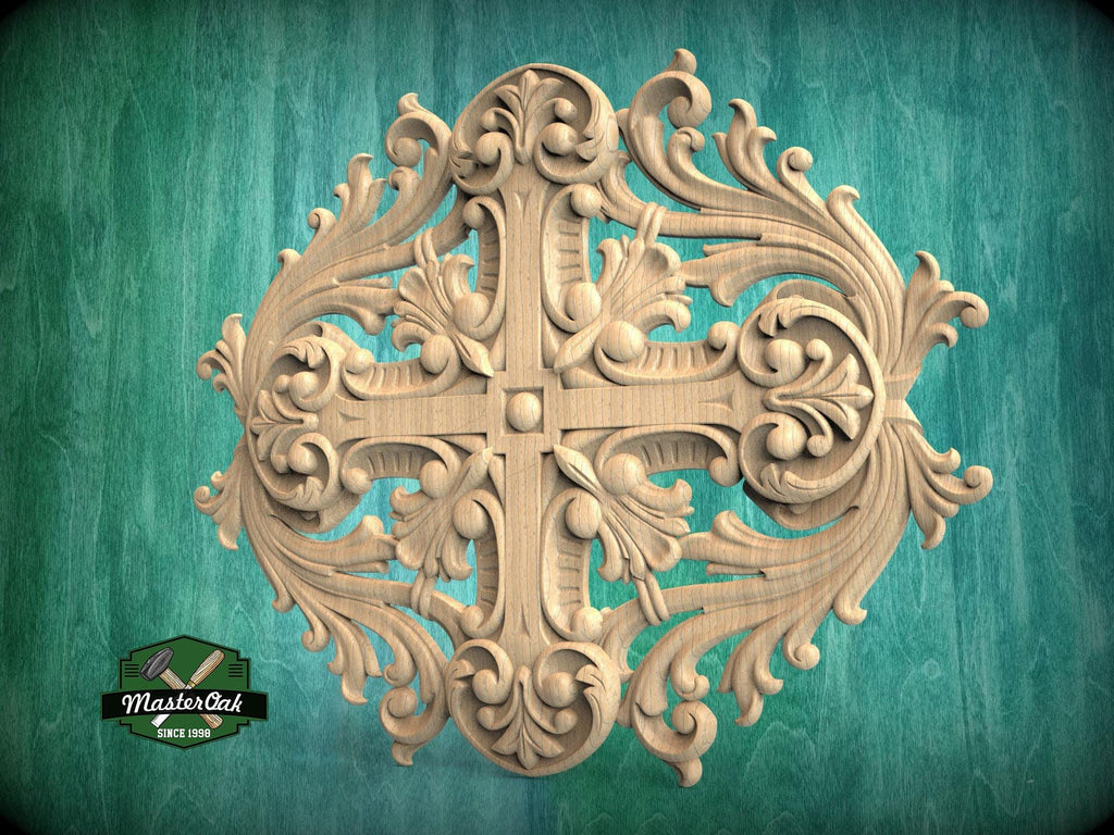 Renaissance Inspired Central Carved Wood Onlay, Wooden Onlay Decor, Unpainted, 1pc, Home Wall Embellishments