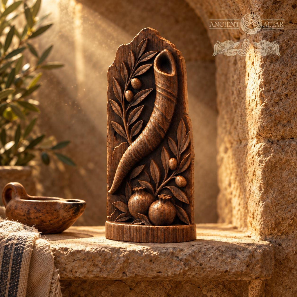 Shofar Oak Wood Relief with Pomegranates and Olive Branches, Judaica Sculpture, Rosh Hashanah Decor, Jewish Housewarming Gift