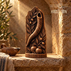Shofar Oak Wood Relief with Pomegranates and Olive Branches, Judaica Sculpture, Rosh Hashanah Decor, Jewish Housewarming Gift