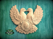 Load image into Gallery viewer, Personalized Dove Wall Plaque – Carved Wooden Wedding Onlay with Monogram
