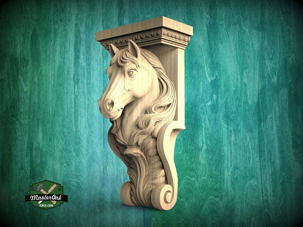 A carved wooden horse head mounted on a wall, with a green background.