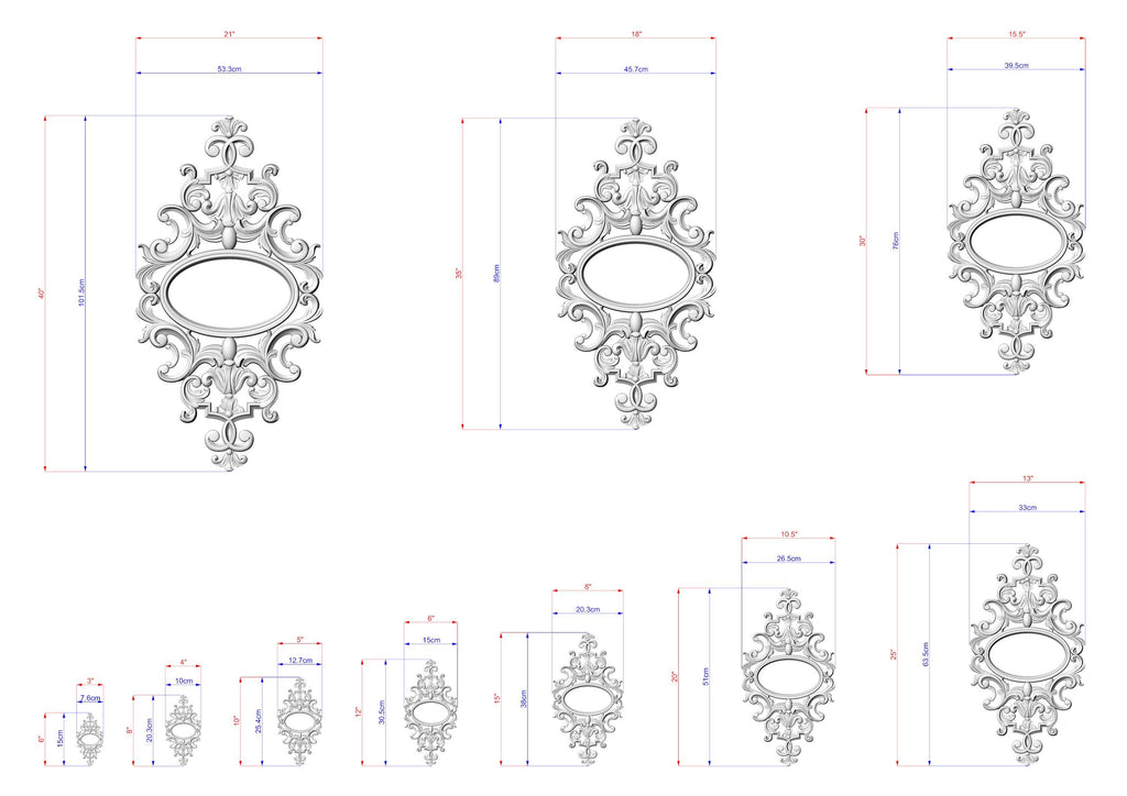 a series of ornate, decorative designs or patterns, each accompanied by a set of measurements in centimeters. The designs are arranged in a grid format, with each row representing a different design and each column representing a different measurement. The image does not contain any text or additional elements that would require a more detailed description.