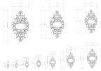 a series of ornate, decorative designs or patterns, each accompanied by a set of measurements in centimeters. The designs are arranged in a grid format, with each row representing a different design and each column representing a different measurement. The image does not contain any text or additional elements that would require a more detailed description.