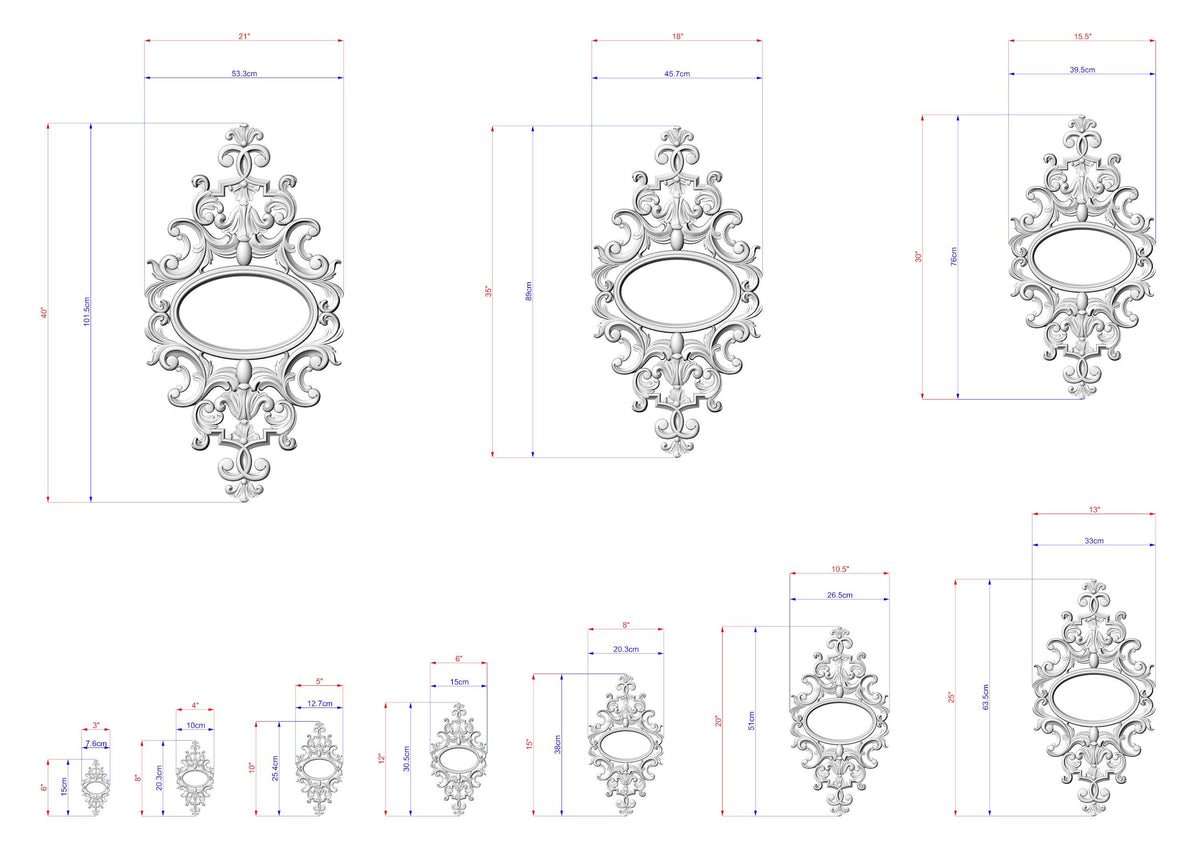 a series of ornate, decorative designs or patterns, each accompanied by a set of measurements in centimeters. The designs are arranged in a grid format, with each row representing a different design and each column representing a different measurement. The image does not contain any text or additional elements that would require a more detailed description.